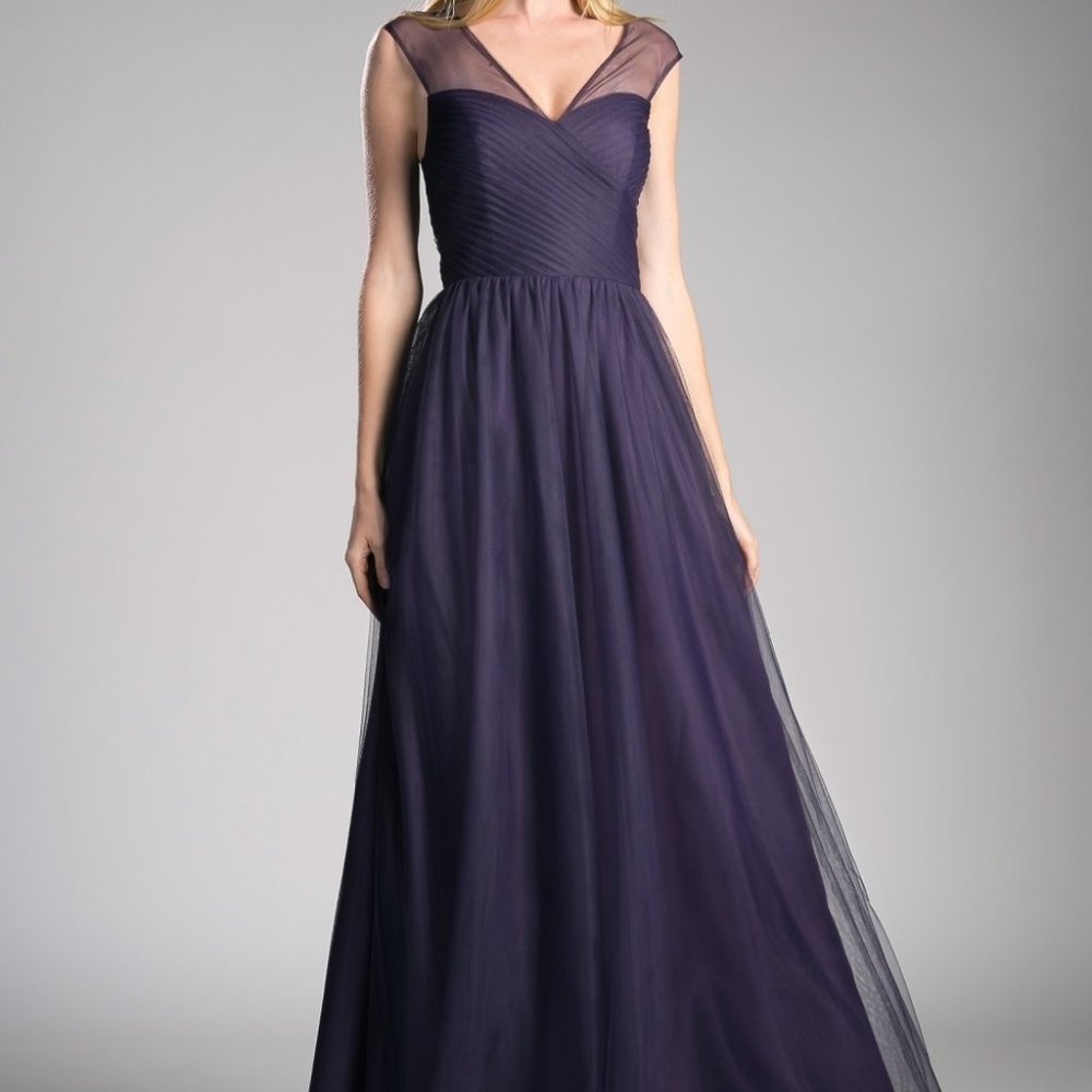 NEW EGGPLANT LONG TULLE SLEEVELESS DRESS WITH V-NECKLINE AND A-SILHOUETTE ET320 - Picture 7 of 7